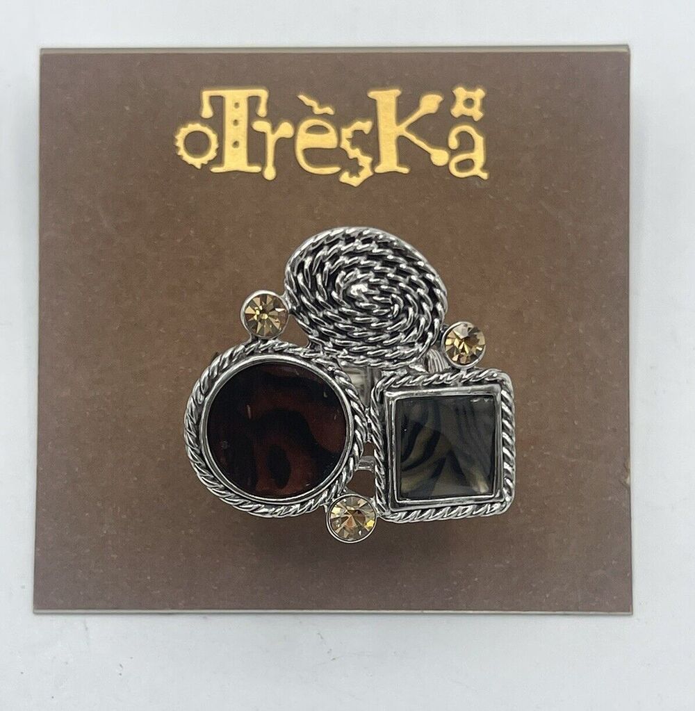 Treska Animal Print Silver Stretch Ring One Size New